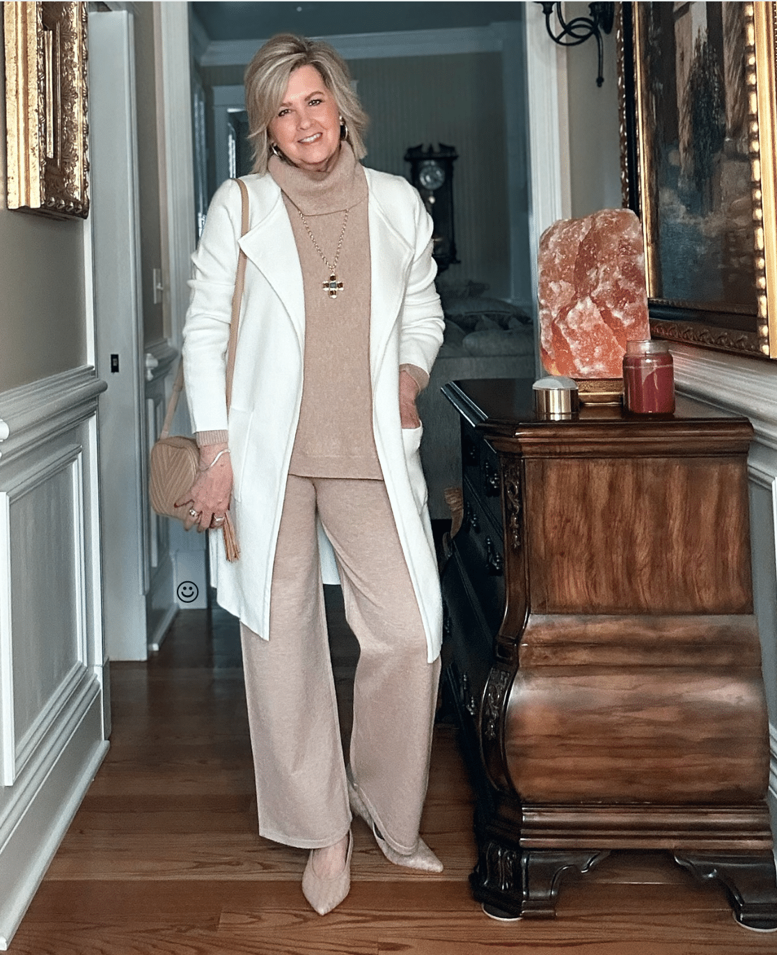 The casual beige cowl neck sweater set and white cardigan I wore this week